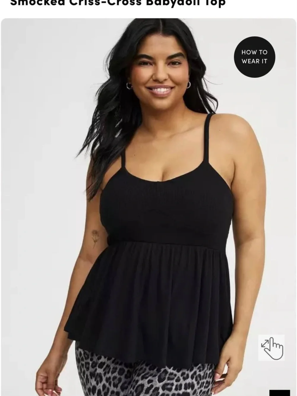 torrid NWT Deep Black Ribbed Babydoll Smocked Criss cross back tank - Picture 4 of 8